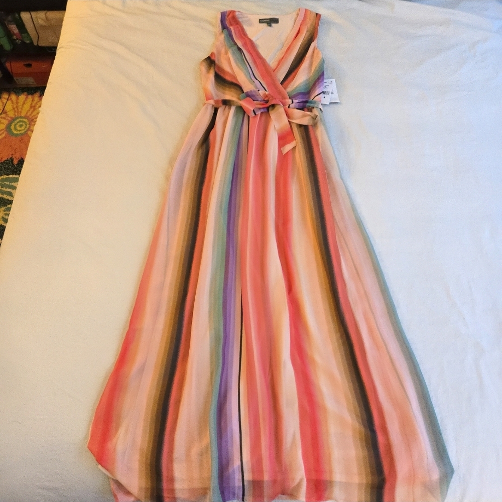 Donna Ricco Multicolor Bright Rainbow Striped Nude Maxi Wrap Front Dress CW3 - Picture 2 of 14